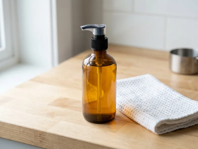 An amber glass bottle with liquid soap sits beside a folded white towel on a wooden counter.