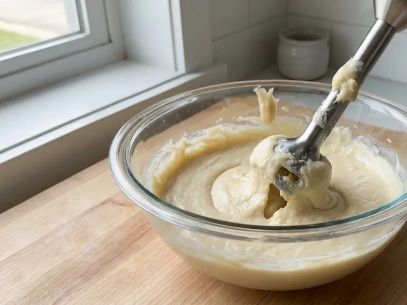 A gloved hand lifts an immersion blender from a glass bowl of thick, creamy soap batter.