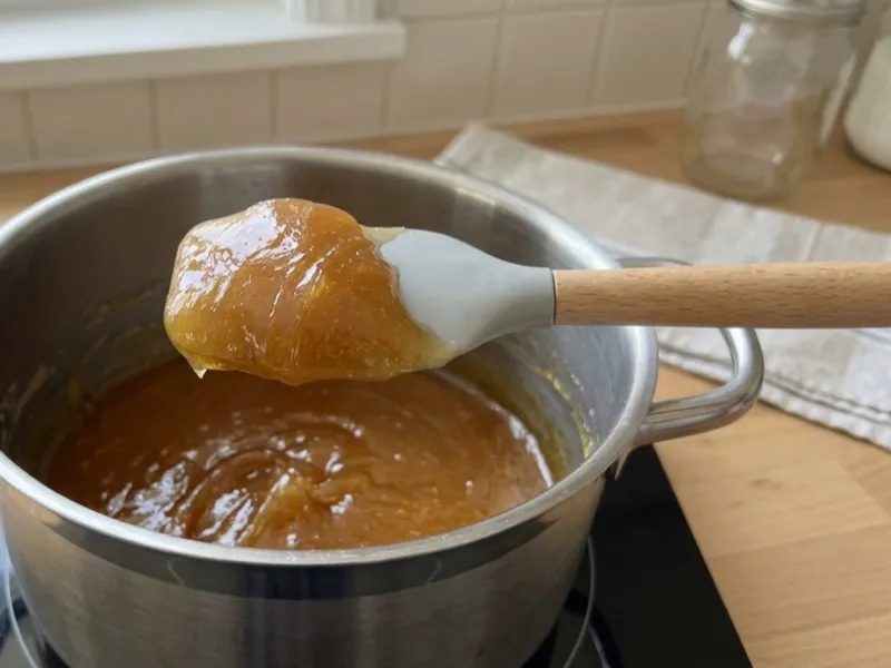 A spatula holds thick, translucent amber soap paste above a stainless steel pot on a cooktop.
