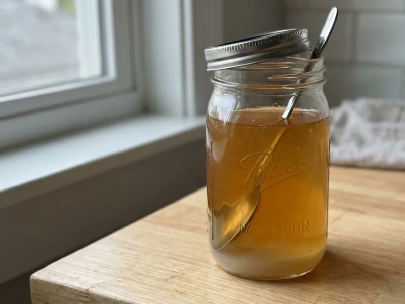 A glass jar filled with amber liquid and sediment at the bottom, containing a metal spoon.