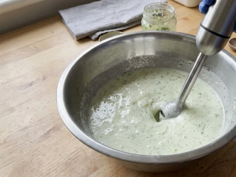 A gloved hand uses an immersion blender to mix light green soap batter in a metal bowl.