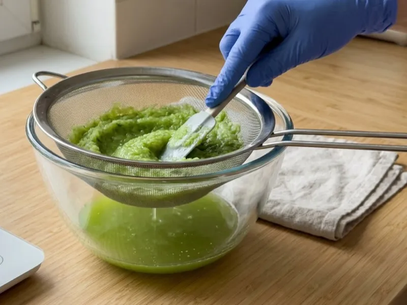 A gloved hand presses green puree through a metal mesh sieve into a clear glass bowl.