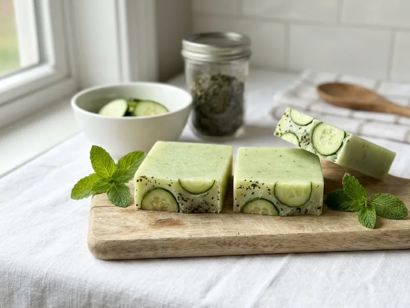 Green handmade soap bars embedded with cucumber slices sit on a wooden board with fresh mint.