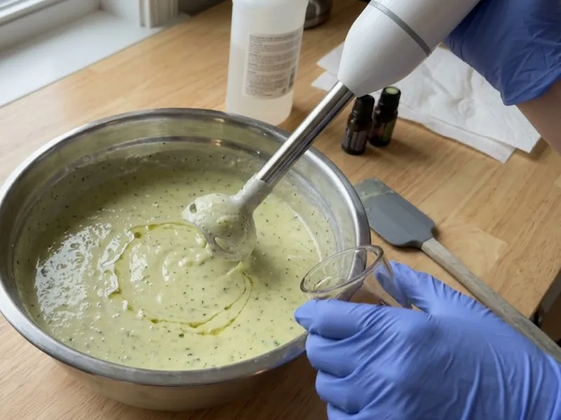 Gloved hands pour oil into a bowl of light green soap batter containing an immersion blender.