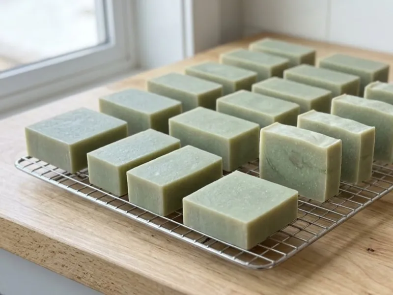 Sage green handmade soap bars curing on a wire cooling rack atop a wooden counter.