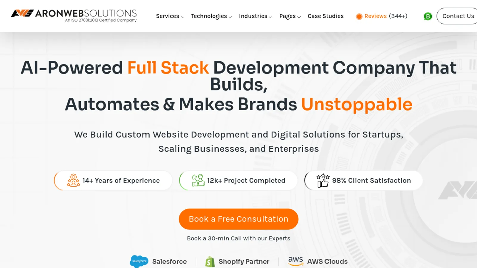 Screenshot of the Aron Web Solutions homepage