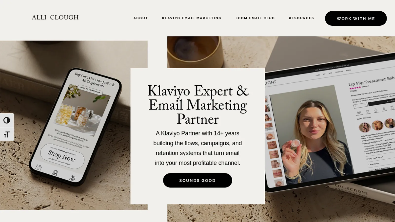 Screenshot of the Alli Clough homepage