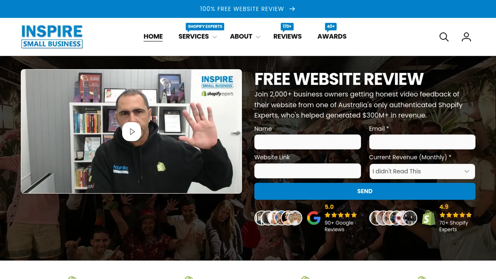 Screenshot of the Inspire Small Business homepage