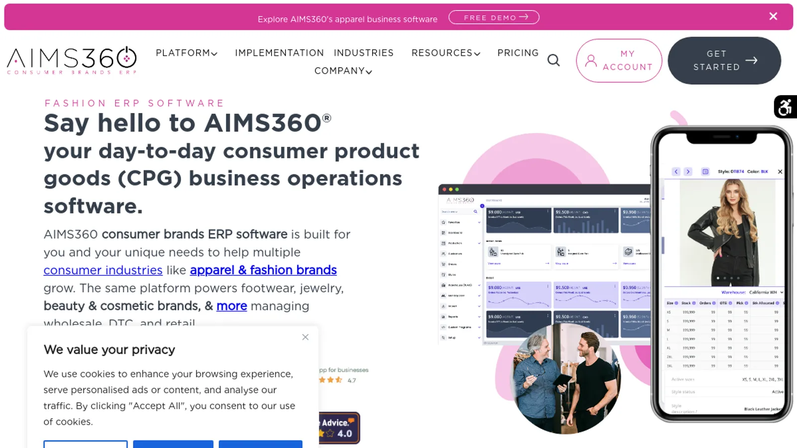 Screenshot of the AIMS360 Fashion Software ERP homepage