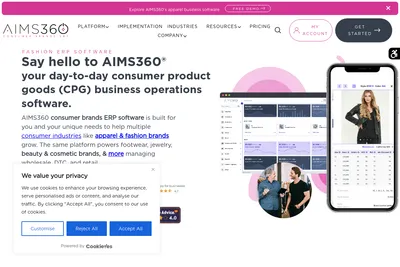 Screenshot of the AIMS360 Fashion Software ERP homepage