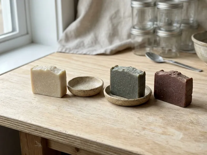 Three handmade soap bars and two speckled ceramic dishes arranged on a wooden table.