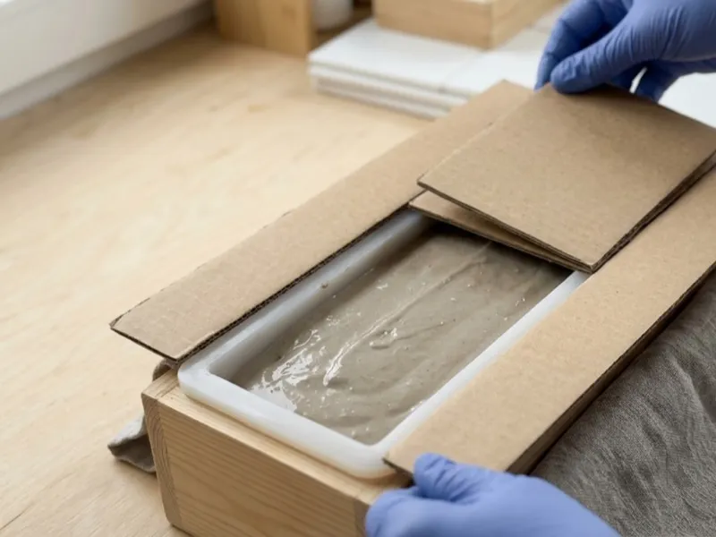 Gloved hands cover a wooden mold filled with freshly poured soap batter using cardboard pieces.