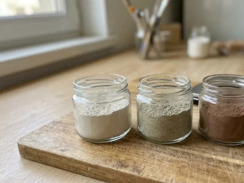Three glass jars of white, green, and brown cosmetic clays beside a digital scale.