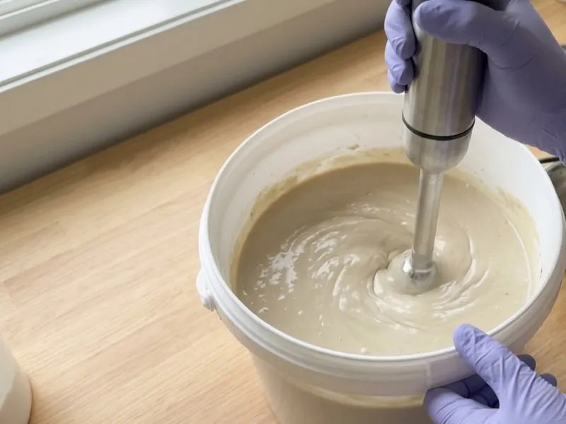Gloved hands mix a creamy soap batter in a large white bucket using an immersion blender.