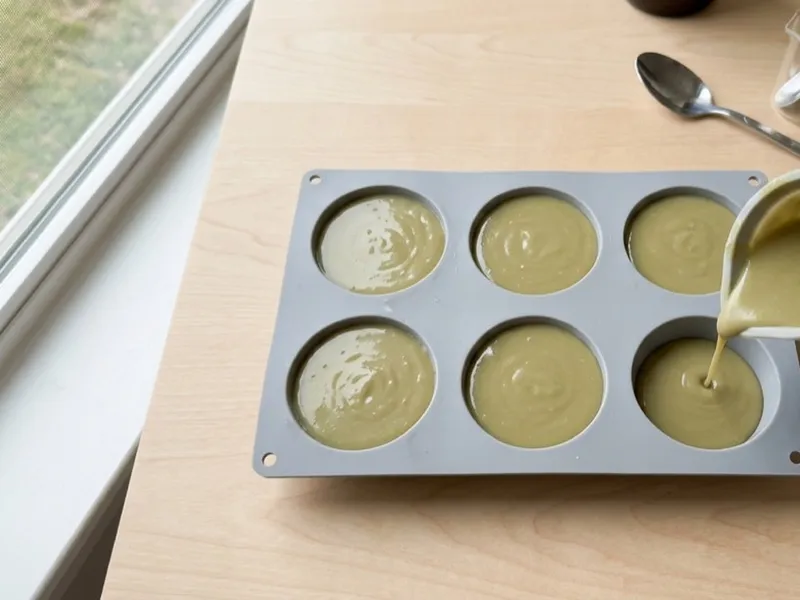 A gloved hand pours pale green liquid soap batter into a grey silicone mold.