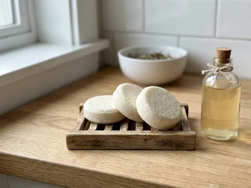 Three round white soap bars rest on a wooden soap dish next to a bottle of oil.
