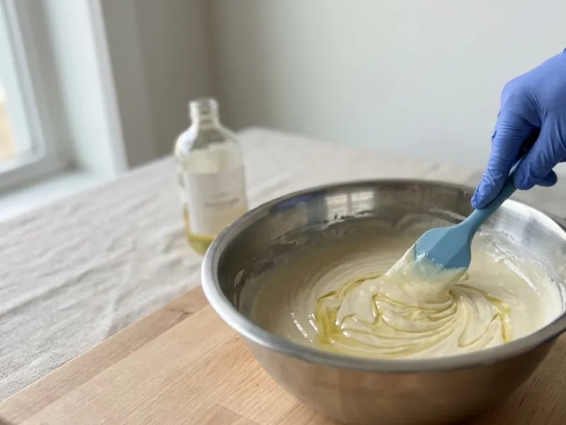 A gloved hand stirs oil into creamy soap batter in a stainless steel bowl using a spatula.