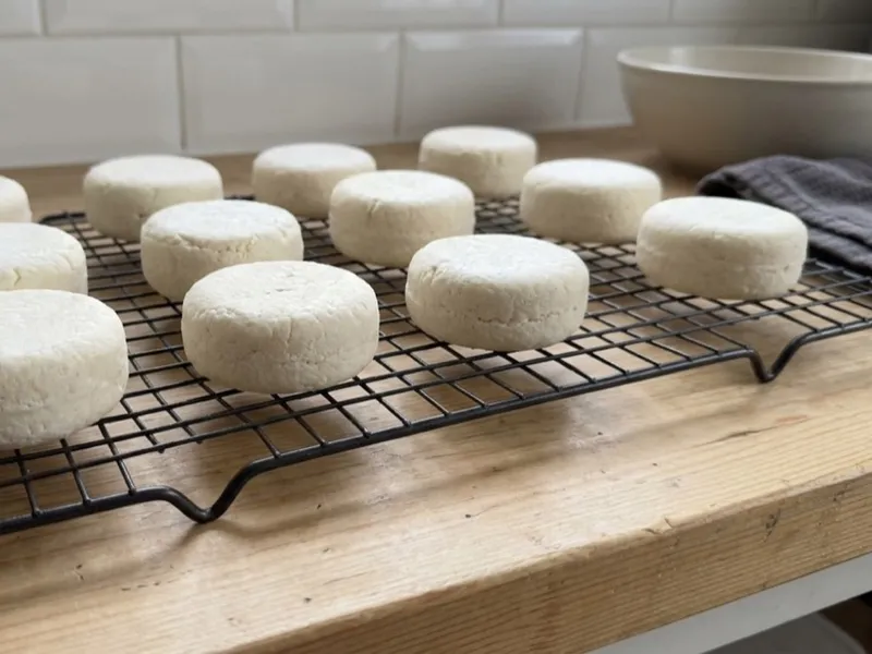 Round white handmade soap bars drying on a black wire rack on a wooden counter.