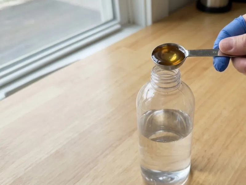 A hand holds a measuring spoon of golden liquid over a clear bottle containing water.
