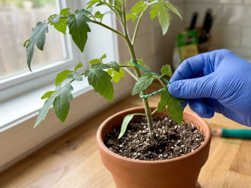 A hand in a blue glove ties a green support wire around a potted tomato plant.