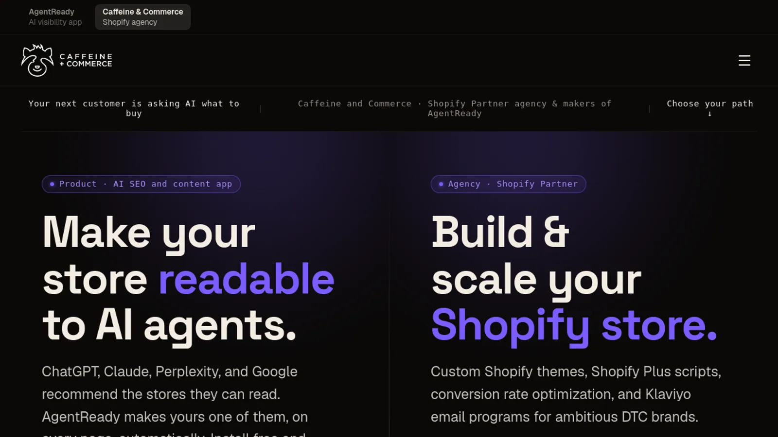 Screenshot of the Caffeine and Commerce homepage