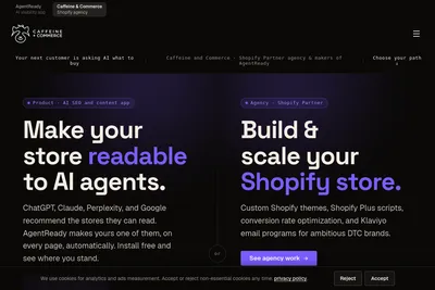 Screenshot of the Caffeine and Commerce homepage