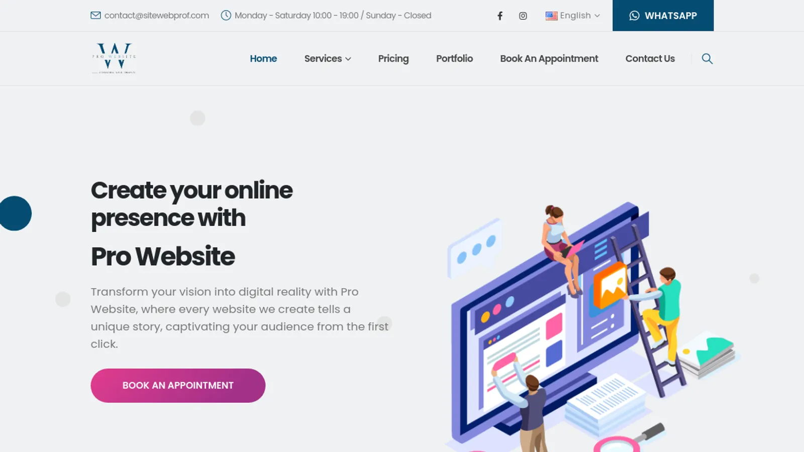 Screenshot of the PRO WEBSITE homepage