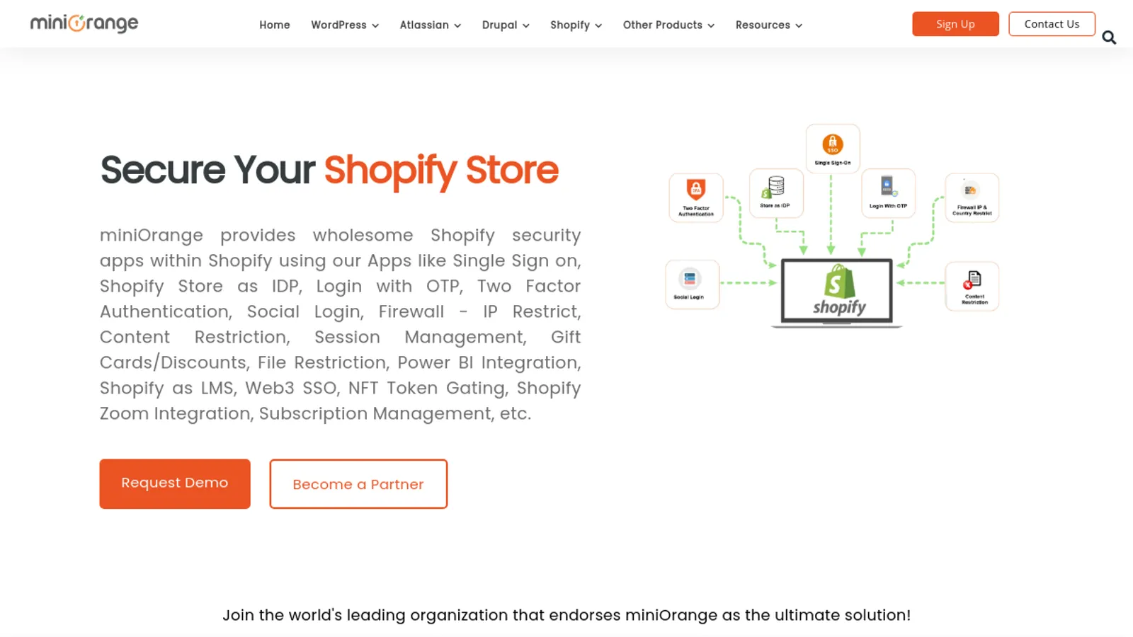 Screenshot of the miniOrange homepage