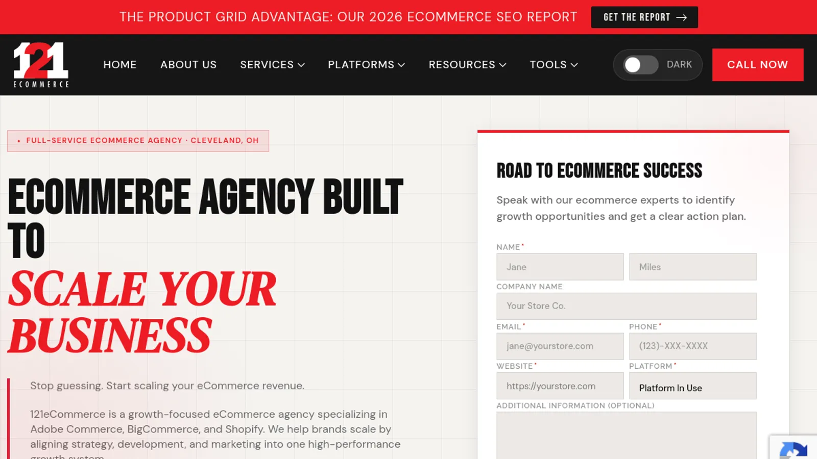 Screenshot of the 121eCommerce, LLC homepage