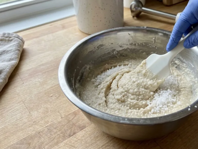 A gloved hand stirs coarse salt into thick soap batter inside a stainless steel bowl.