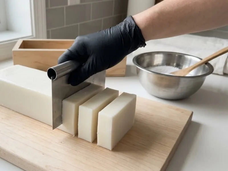 A gloved hand uses a metal cutter to slice a loaf of white soap into bars.