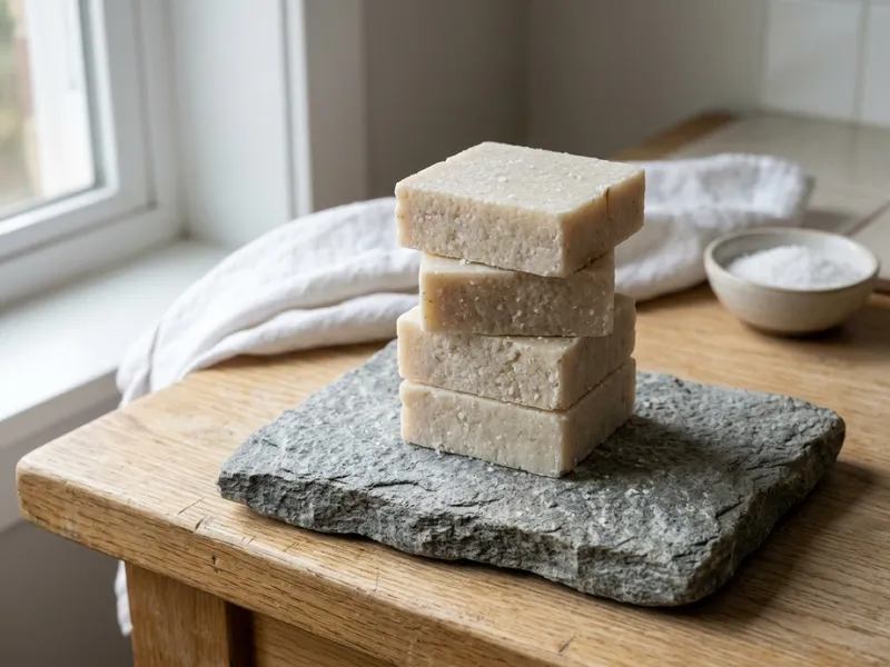 Four handmade sea salt soap bars stacked on a rough stone slab atop a wooden table.