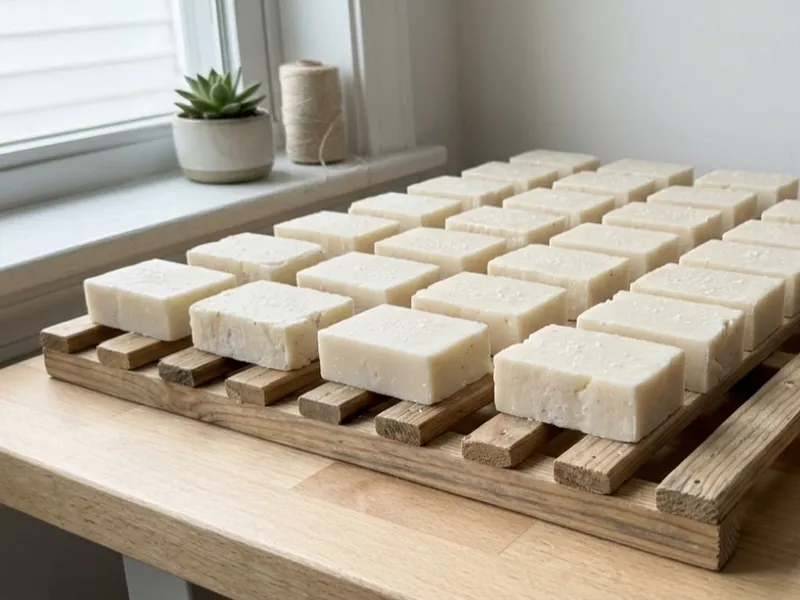 Neat rows of handmade white soap bars curing on a slatted wooden drying rack.