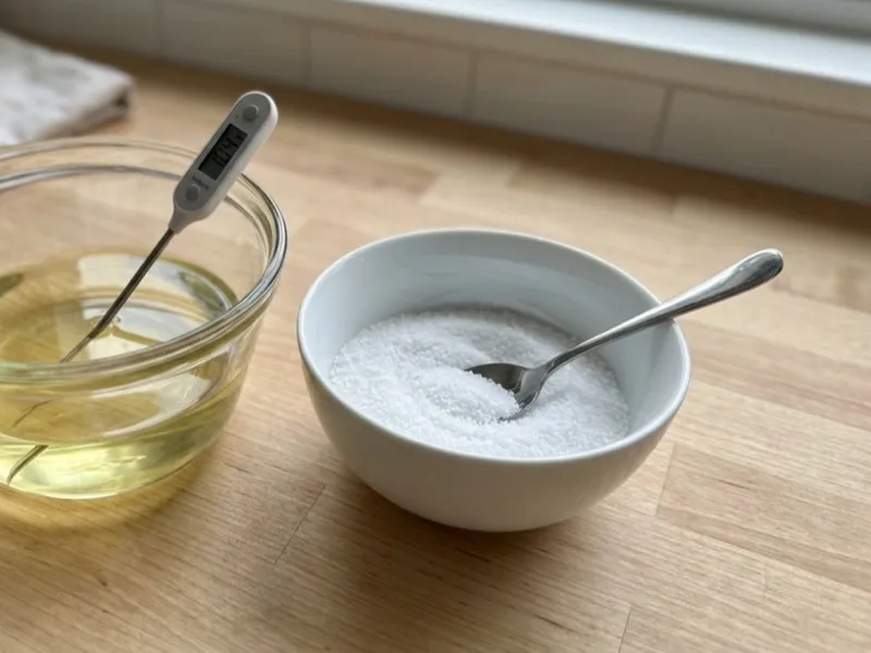A glass bowl of melted oils with a thermometer sits beside a bowl of lye crystals.