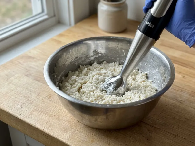 A gloved hand blends white, riced soap batter in a stainless steel bowl using an immersion blender.