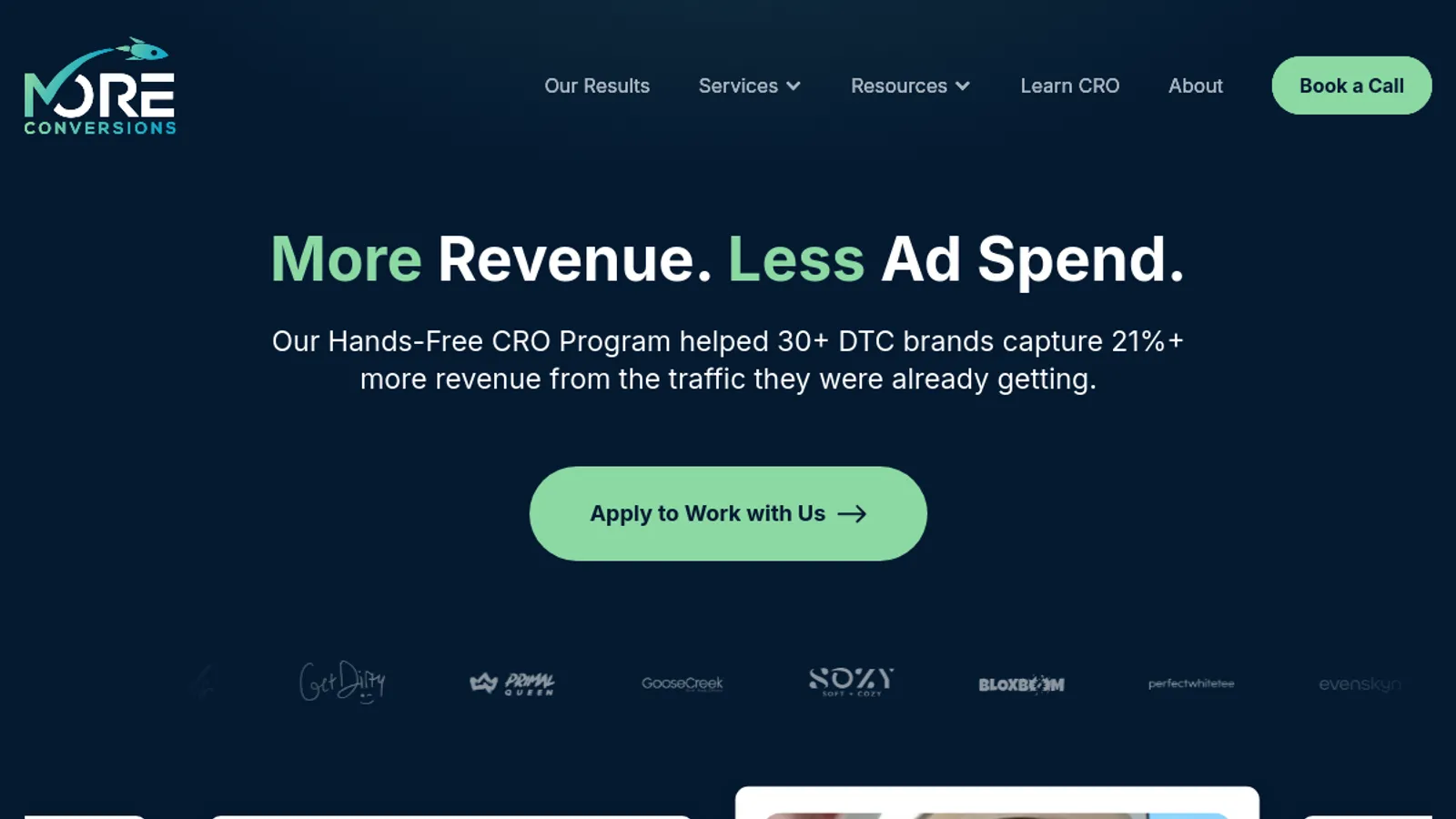Screenshot of the More Conversions homepage
