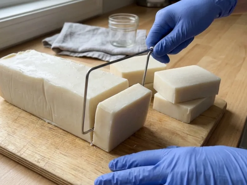 Hands in blue gloves use a wire cutter to slice a loaf of handmade soap into bars.