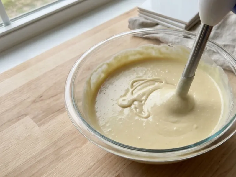 A gloved hand uses an immersion blender to mix creamy soap batter in a glass bowl.