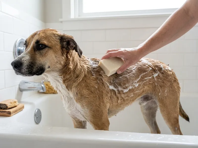 A person lathers a wet dog's fur with a bar of soap in a bathtub.