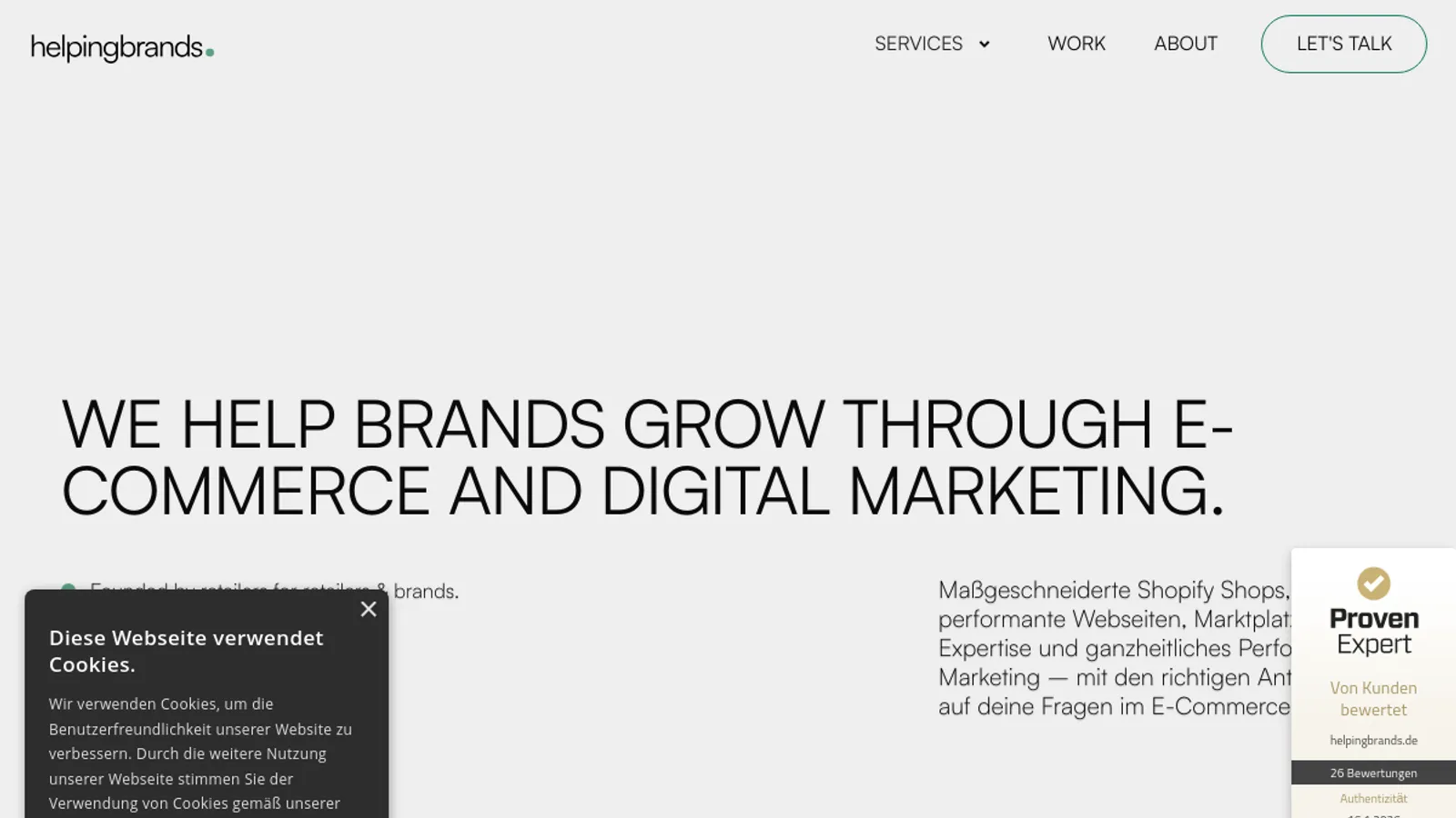Screenshot of the Helpingbrands homepage