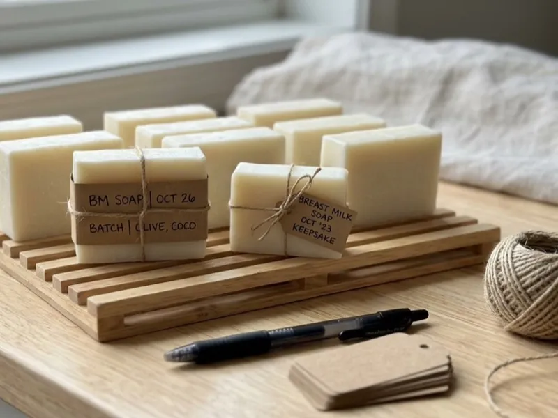 Handmade soap bars cure on a wooden drying rack next to twine and kraft paper labels.