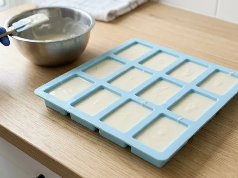 White liquid soap fills a blue silicone mold on a wooden countertop next to a mixing bowl.
