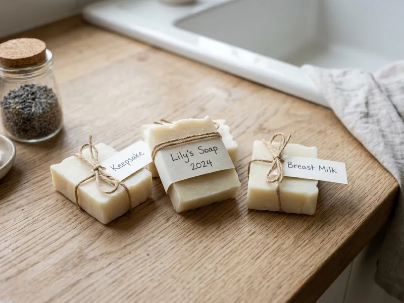 Bars of handmade breast milk soap tied with twine and labels on a wooden countertop.