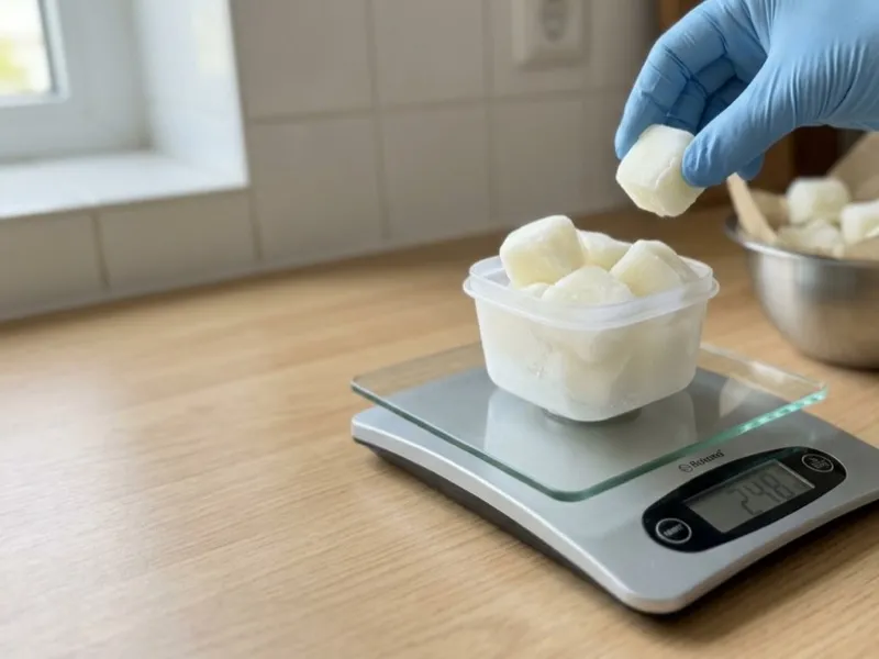 A gloved hand places frozen white cubes into a container on a digital kitchen scale.