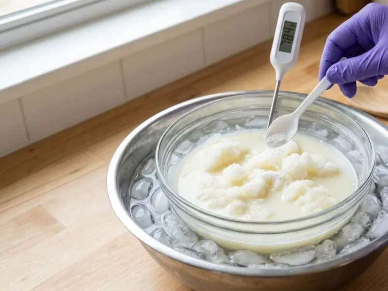 Gloved hands spoon lye into a bowl of slushy milk resting in an ice bath.