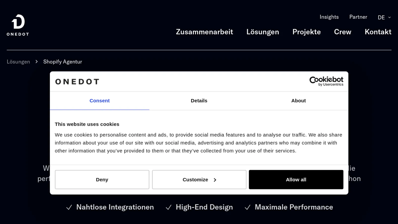 Screenshot of the ONEDOT GmbH homepage