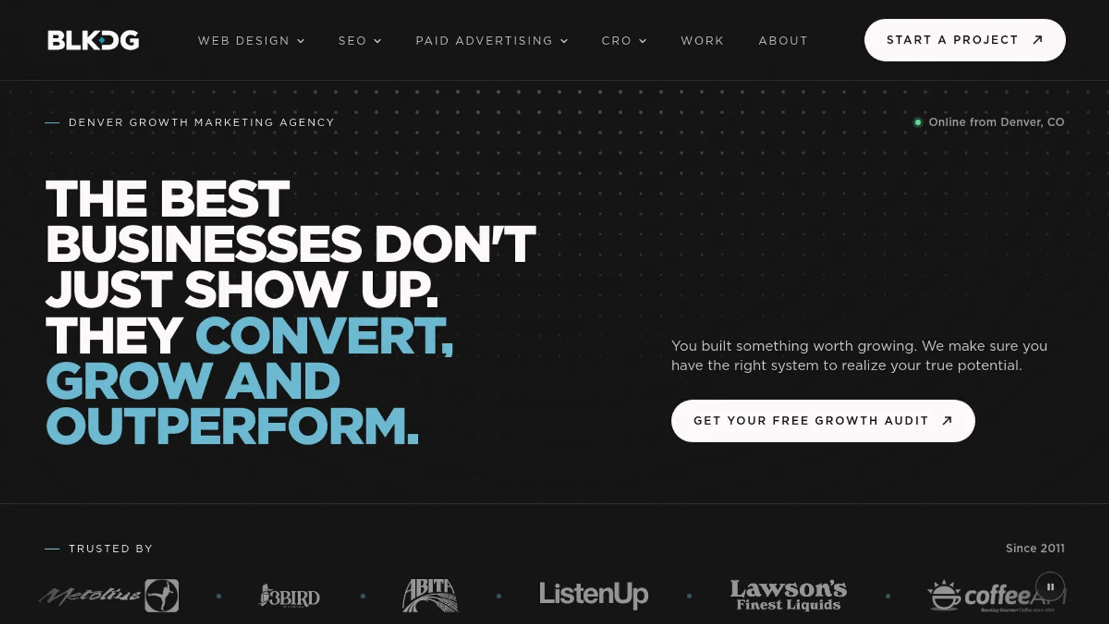 Screenshot of the BLKDG homepage