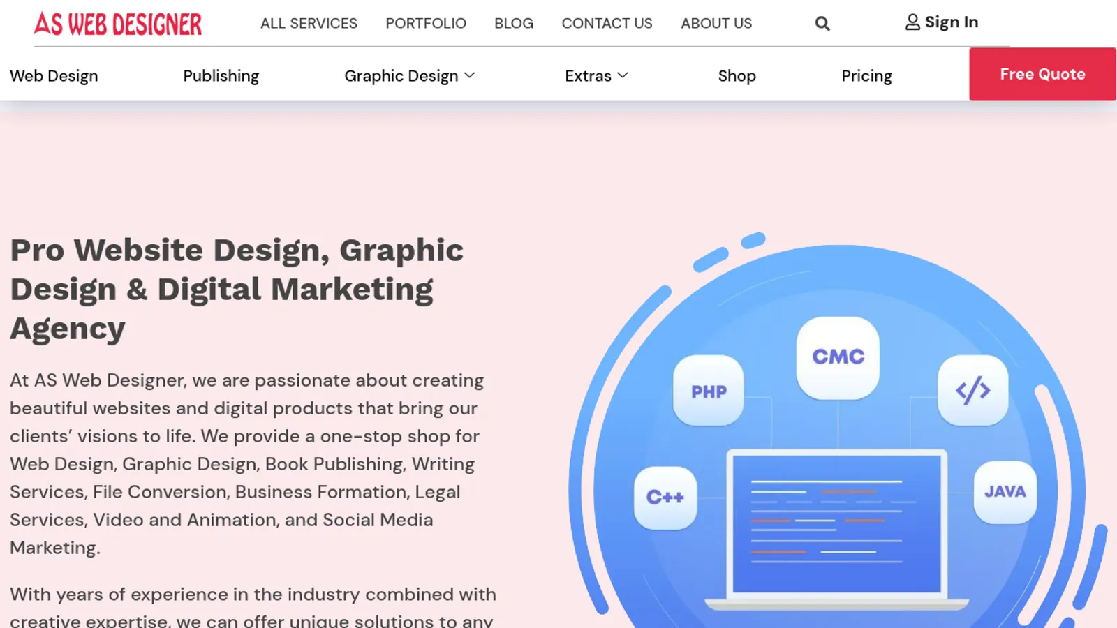 Screenshot of the AS Web Designer homepage