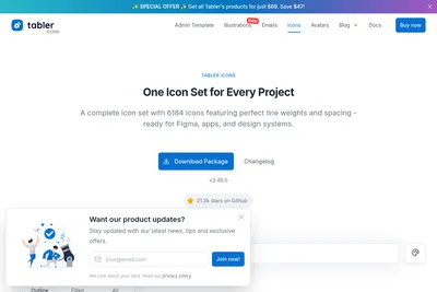 Screenshot of the Tabler Icons homepage
