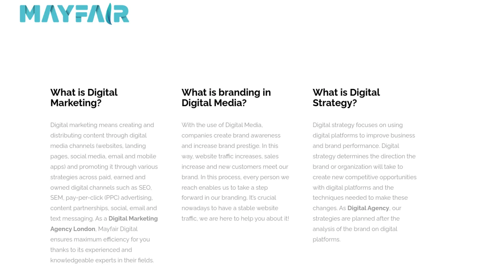 Screenshot of the Mayfair Digital Agency homepage